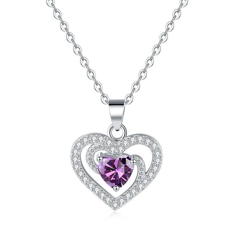 925 Sterling Silver Purple Heart Necklace with Halo Design