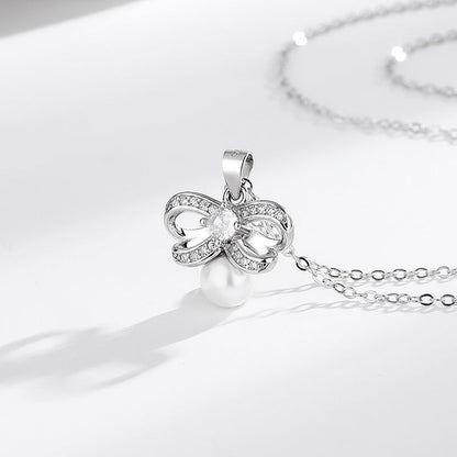 S925 Pearls Diamond Bow Pendant Silver Necklace
