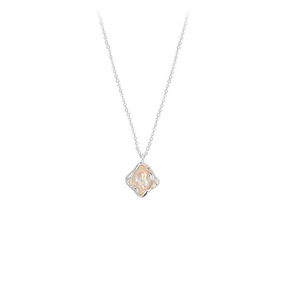 Freshwater Pearl Clover Frame Pendant Necklace - Silver