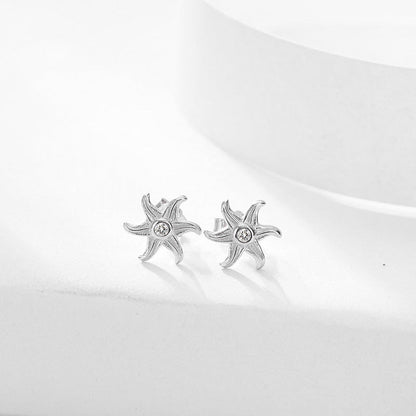 S925 Sterling Silver Starfish Jewelry Set - Earrings and Clavicle Necklace