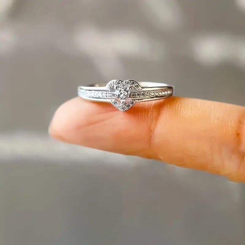 s925 Sterling Silver Diamond Heart Ring - Engagement Wedding Bridal Jewelry