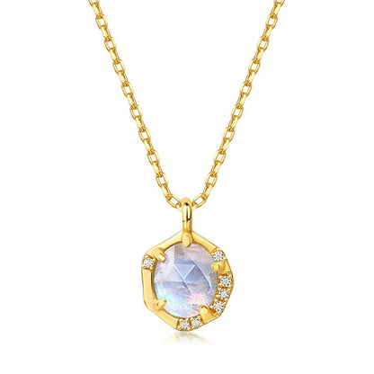 Moonstone Octagon Halo Pendant Necklace | 18K Gold Plated
