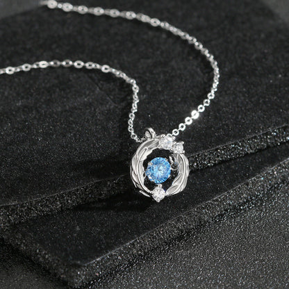 S925 Circular Feather Blue Diamond Pendant Silver Necklace