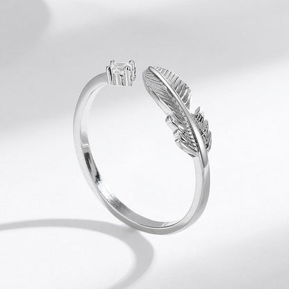 S925 Feather Sterling Silver Ring Open Adjustable