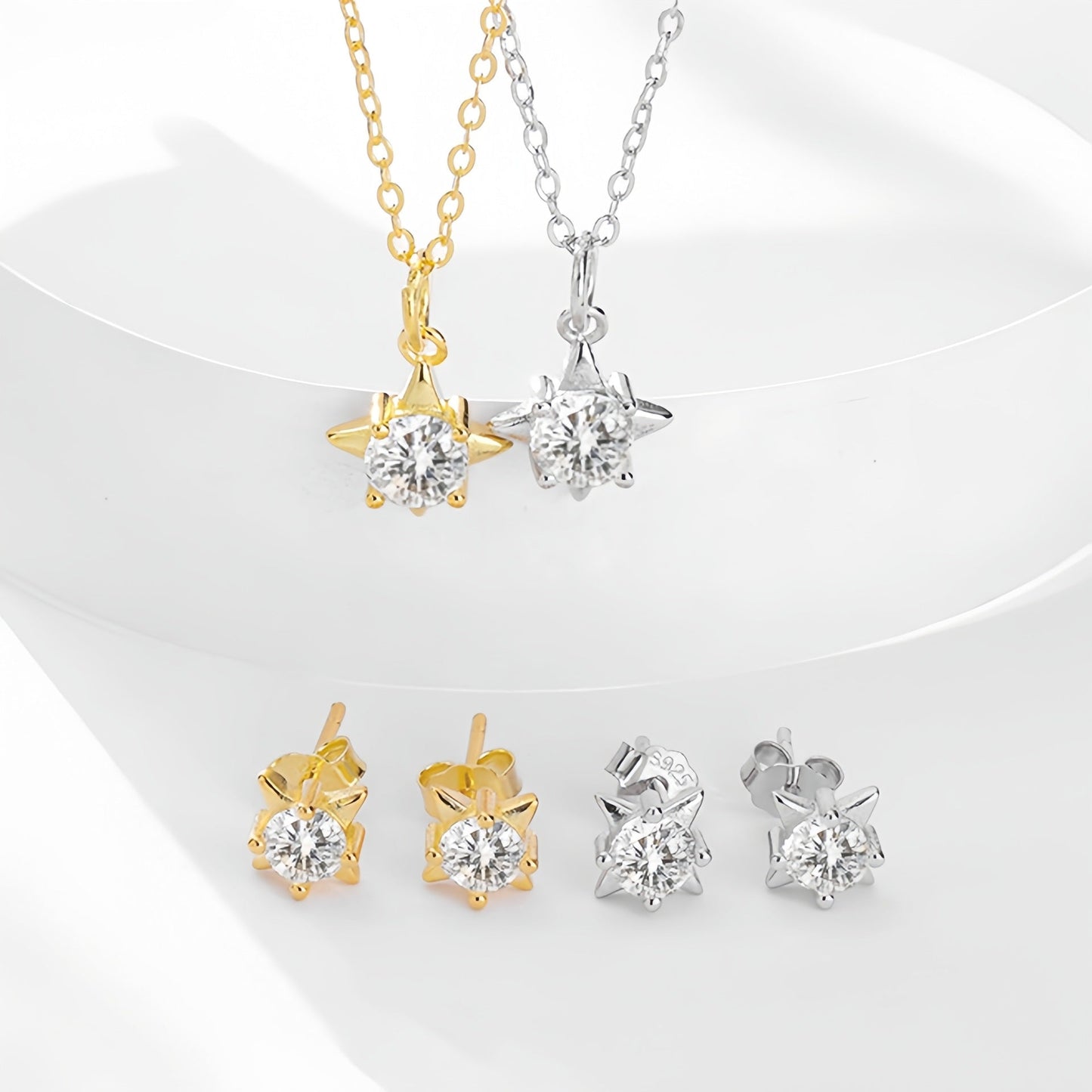 Sterling Silver Diamond Star Earrings Set - Necklace