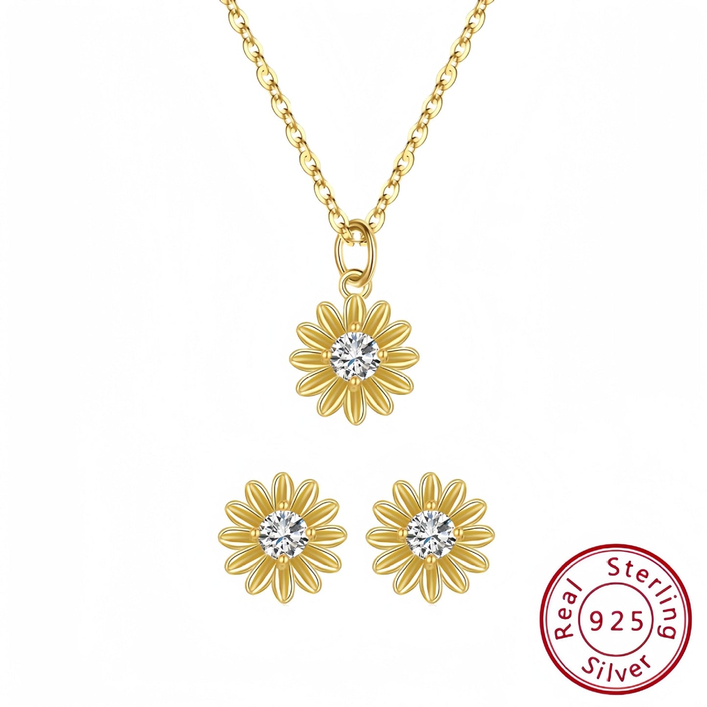 Daisy Flower Silver Earrings Necklace Set in S925 Sterling Silver