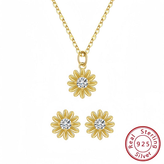 Daisy Flower Silver Earrings Necklace Set in S925 Sterling Silver