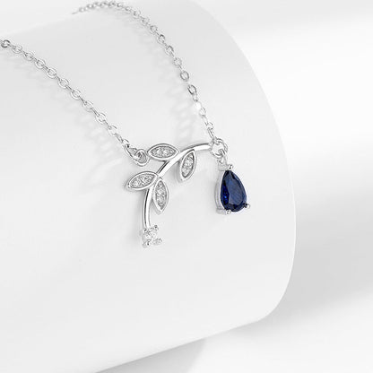 S925 Bud Leaf Diamond Sapphire Pendant Silver Necklace
