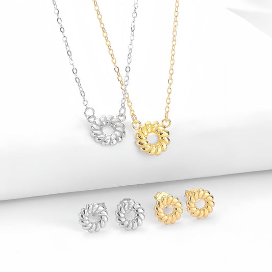 s925 Sterling Silver Necklace Earring Set with Three-Dimensional Striped Circle