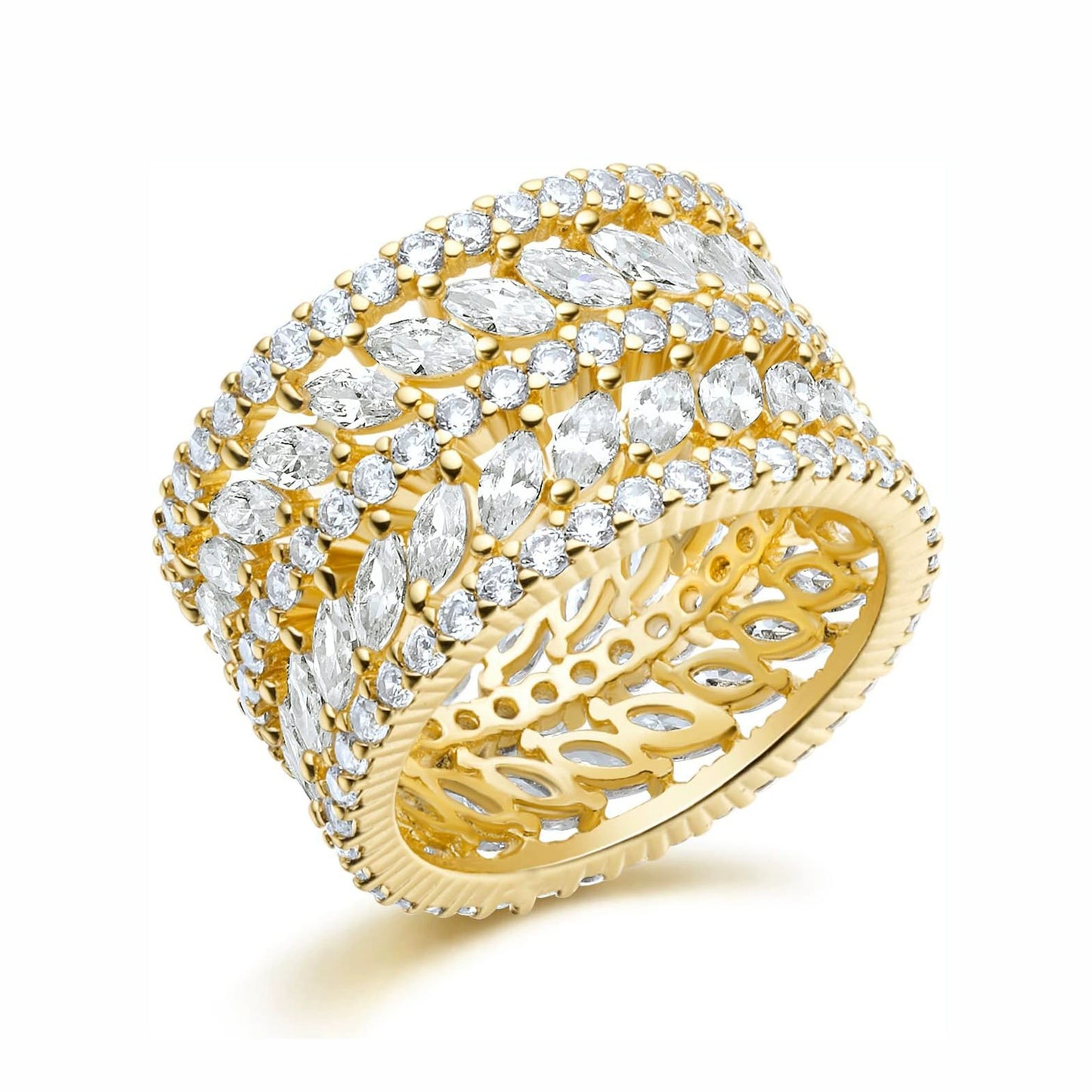 Wide-faceted marquise-shaped cubic zirconia ring