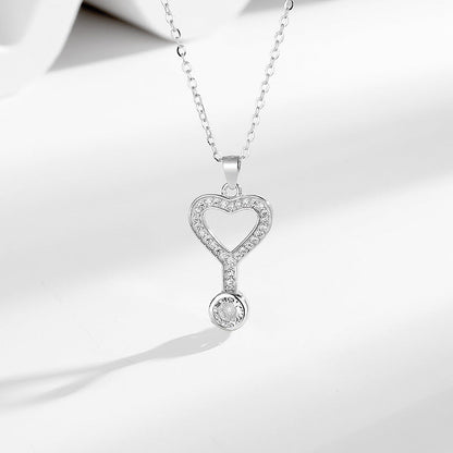 S925 Diamond Heart Set Key Pendant Silver Necklace Women's