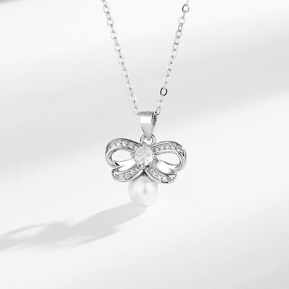 S925 Pearls Diamond Bow Pendant Silver Necklace