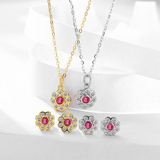 s925 sterling silver flower earrings set with diamond clavicle necklace
