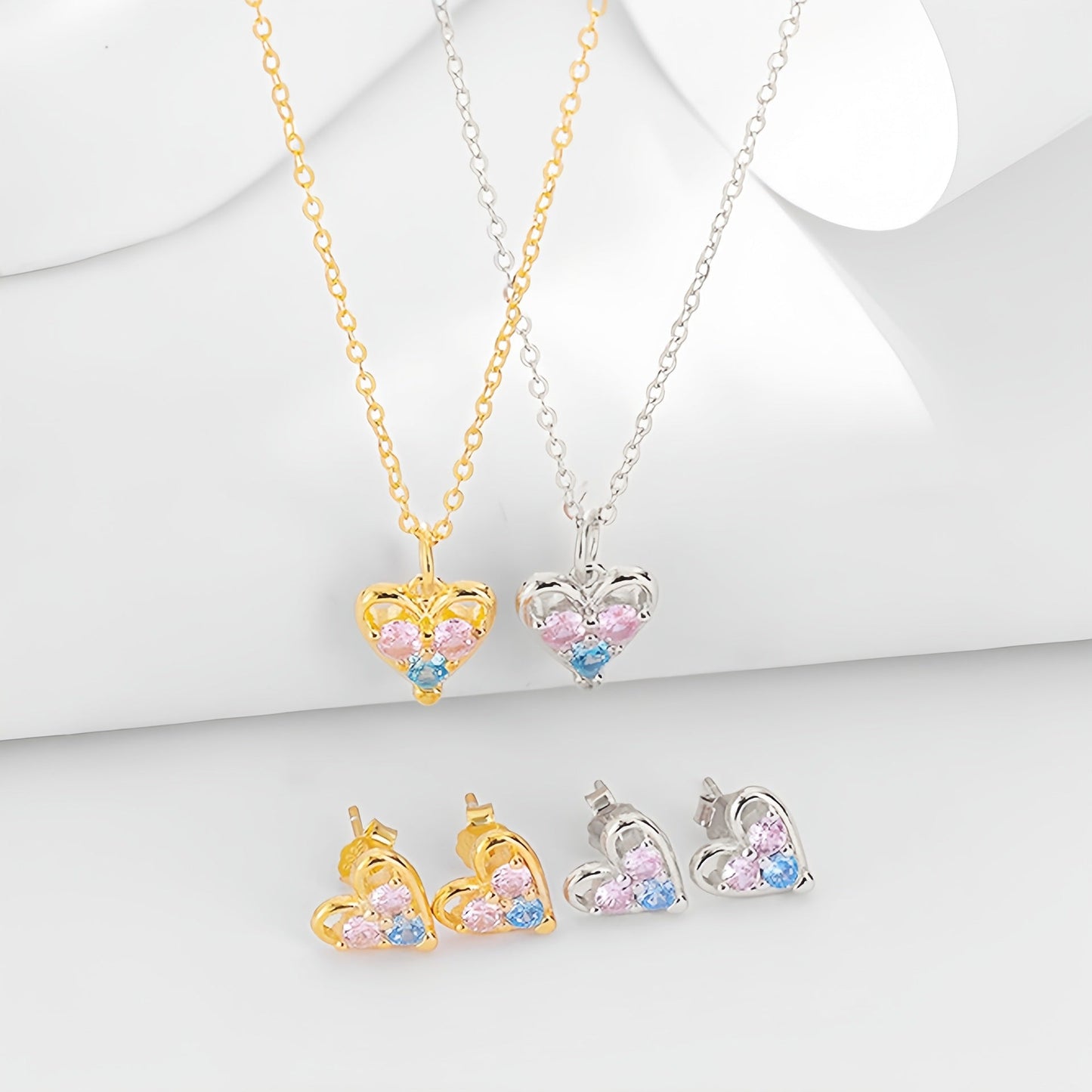 s925 Sterling Silver Heart Necklace Set - Earrings