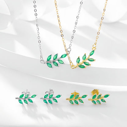 Sterling Silver Earrings Necklace Set -  with Green leaves Design
