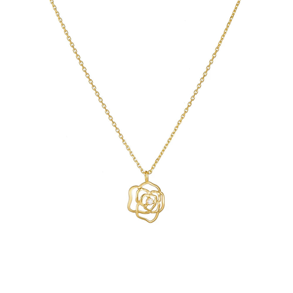 Open Rose Flower Pendant Necklace | 18K Gold Plated