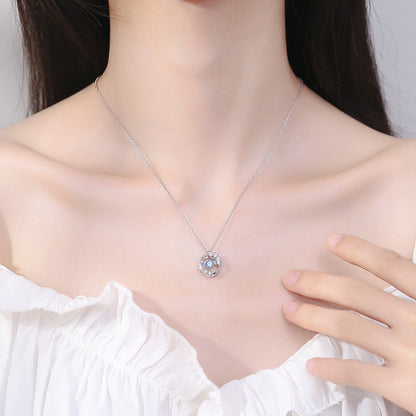 S925 Circular Feather Blue Diamond Pendant Silver Necklace