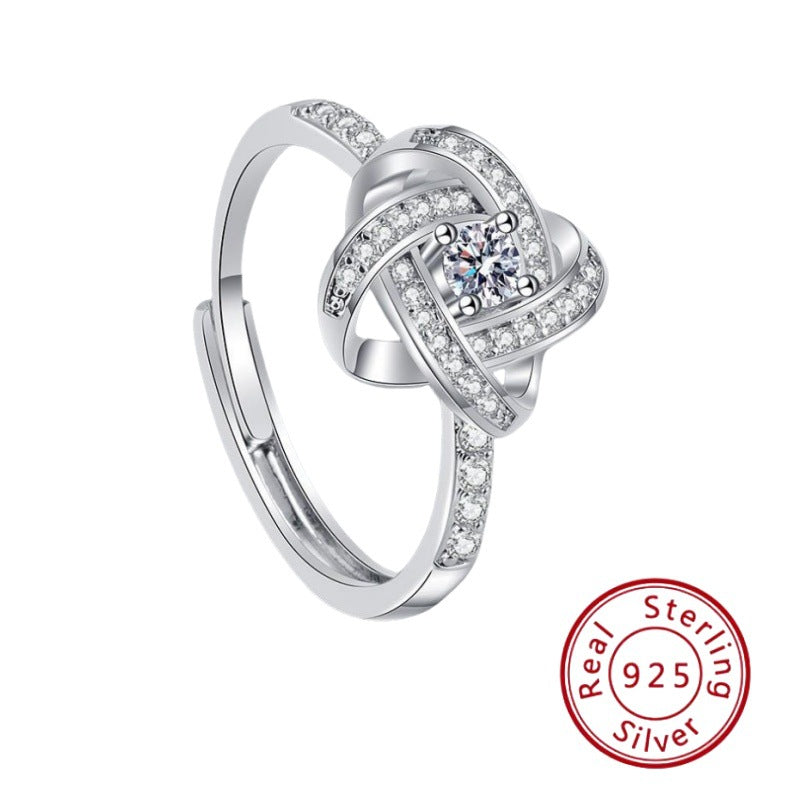 s925 Sterling Silver Four Clover Ring - Adjustable with Diamond
