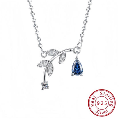 S925 Bud Leaf Diamond Sapphire Pendant Silver Necklace