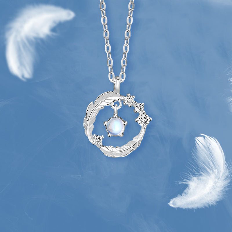 s925 Sterling Silver Moonstone Necklace with Feather Design