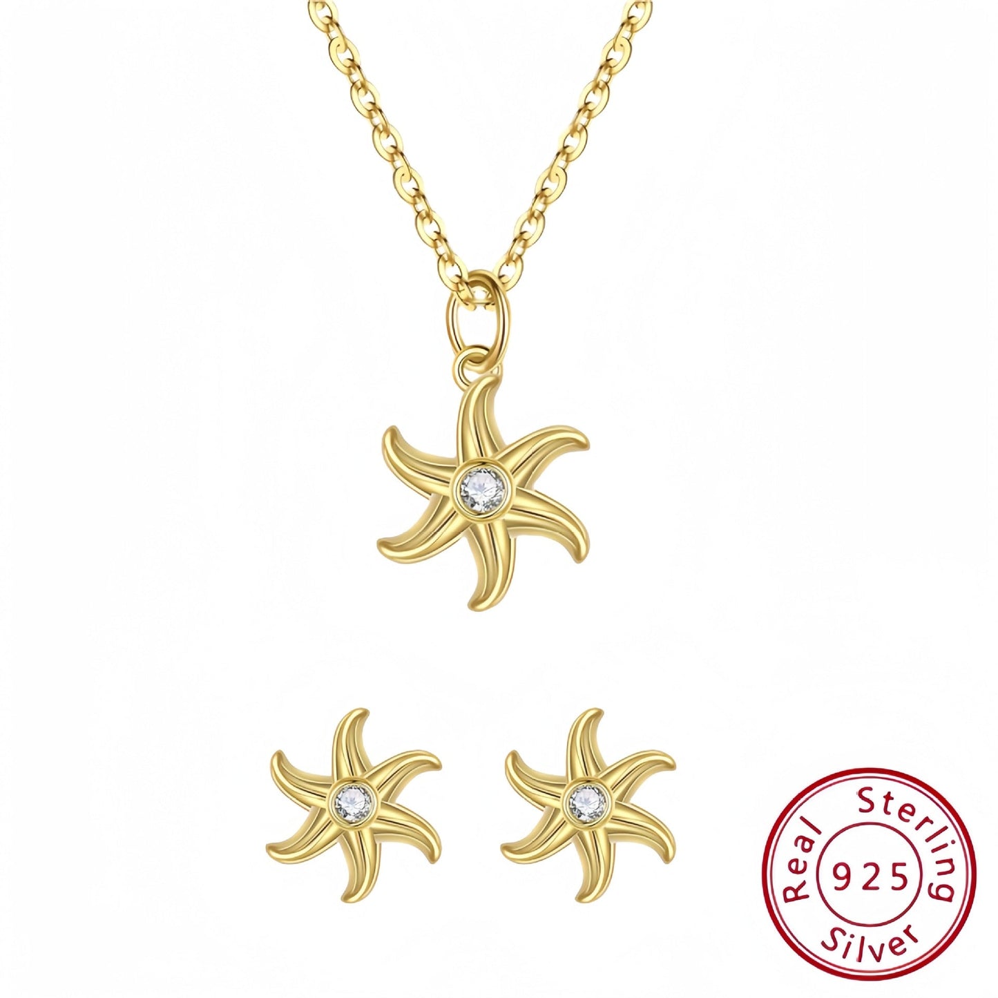 S925 Sterling Silver Starfish Jewelry Set - Earrings and Clavicle Necklace