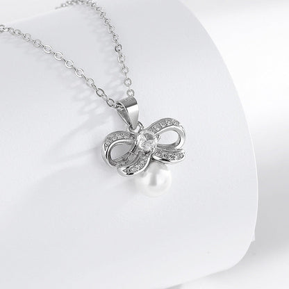 S925 Pearls Diamond Bow Pendant Silver Necklace
