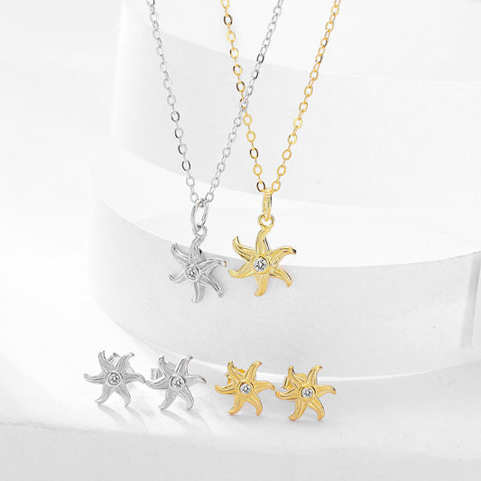 S925 Sterling Silver Starfish Jewelry Set - Earrings and Clavicle Necklace
