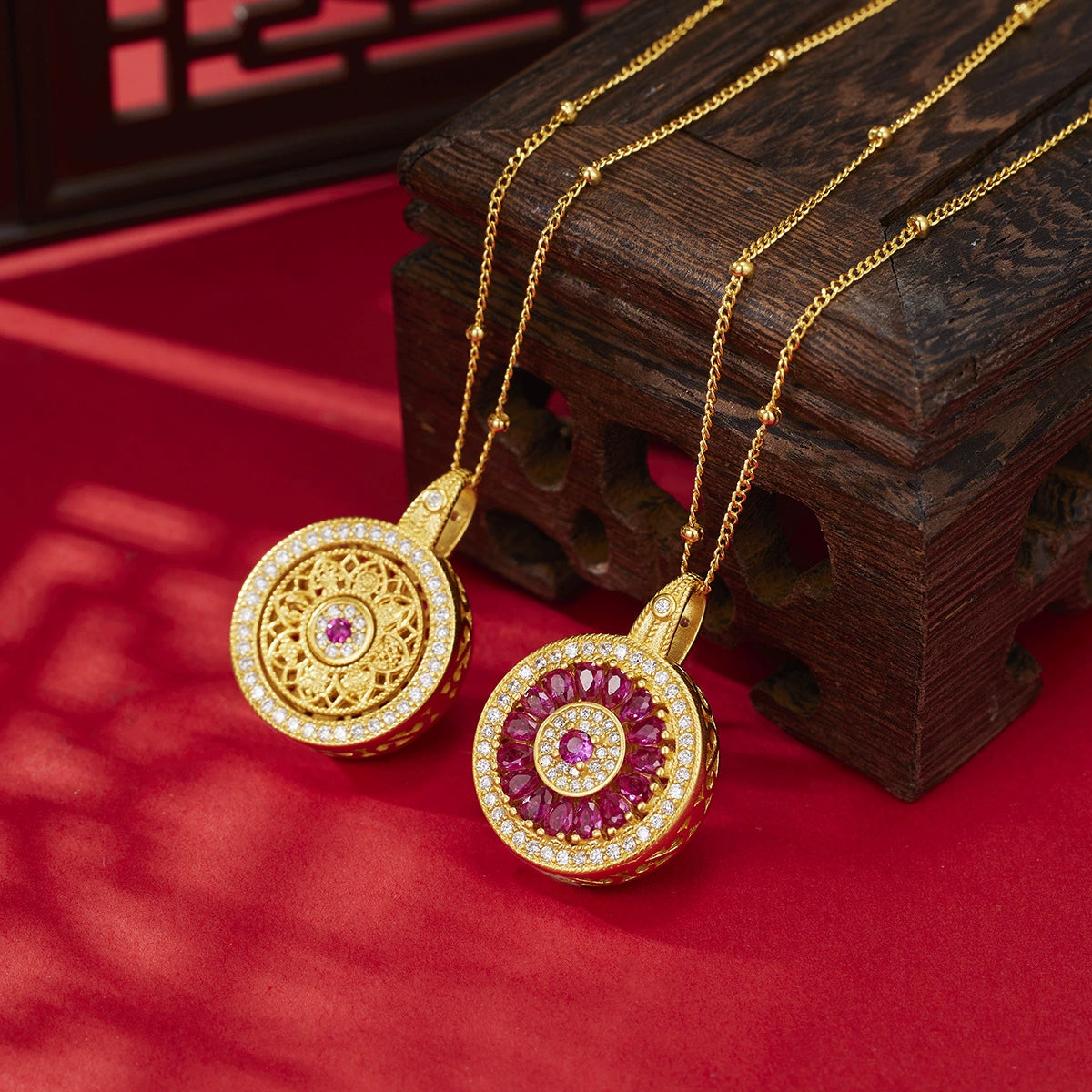 Ruby Red Sunburst Medallion Pendant Necklace | 18K Gold Plated