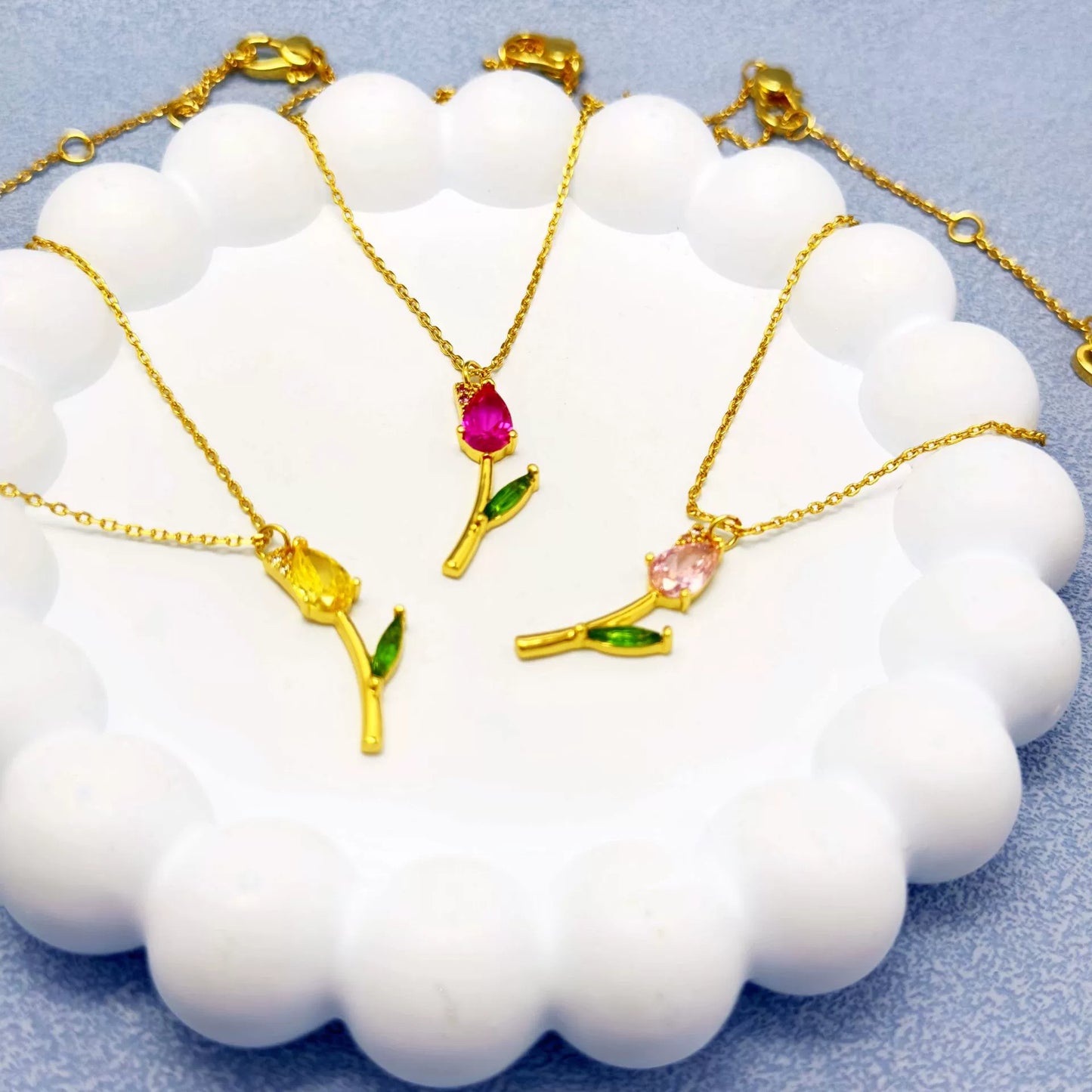CZ Tulip Flower Pendant Necklace - Gold with Colorful Gemstone