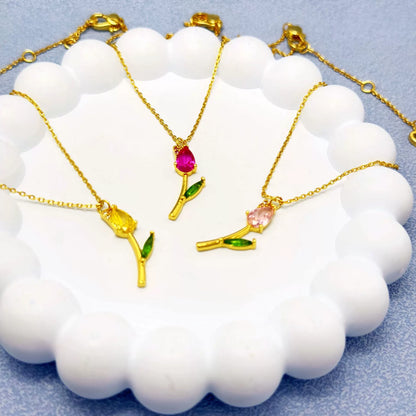 CZ Tulip Flower Pendant Necklace - Gold with Colorful Gemstone