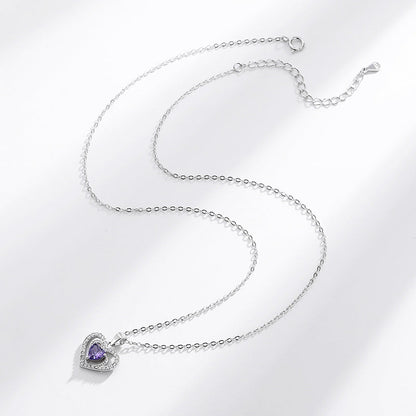 S925 Purple Heart Pendant Silver Necklace with Diamond