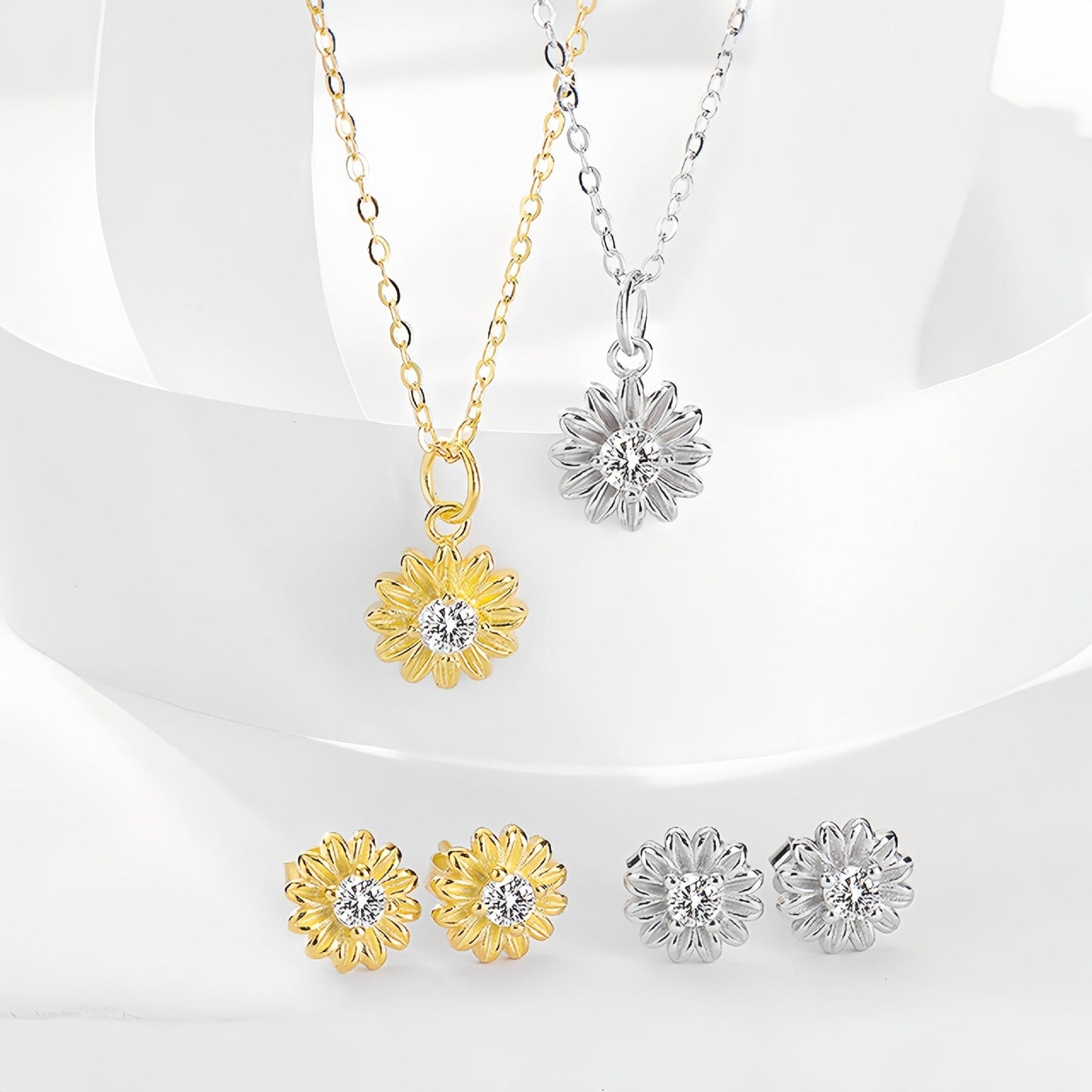Daisy Flower Silver Earrings Necklace Set in S925 Sterling Silver