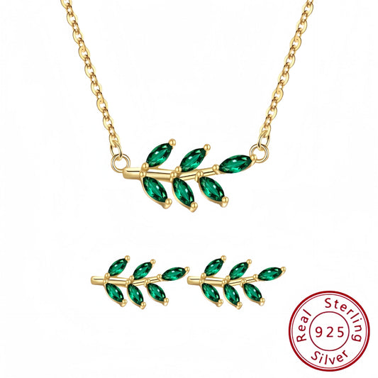 Sterling Silver Earrings Necklace Set -  with Green leaves Design