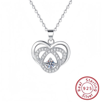 S925 Sterling Silver Necklace with Diamond Double Heart Pendant