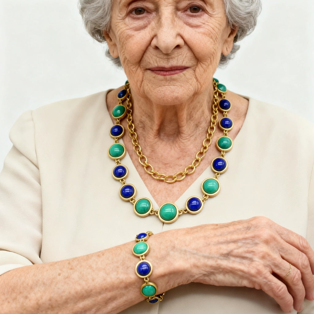 Italian-Style Vintage Blue-Green Stone Bracelet & Necklace Set